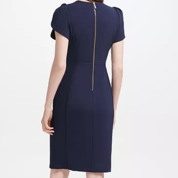Calvin Klein Tulip-Sleeve Sheath Knee length Dress in Navy Blue Size Petite 0 - Picture 2 of 15